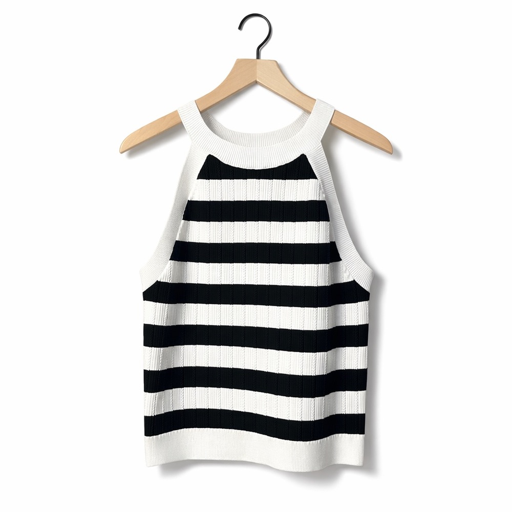 Happily Grey Striped Black and White Women's Halter Crop Top (082)